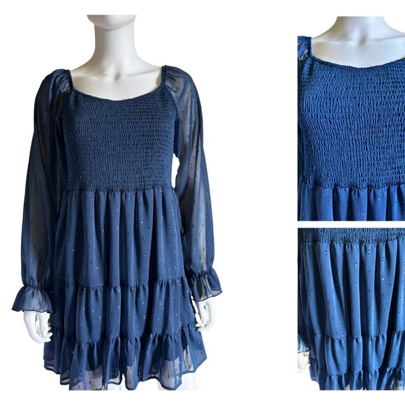 Altar’d State Blue Smocked Long Sleeve Tiered Mini Dress Size M – Lined Boho Fit - Picture 1 of 3